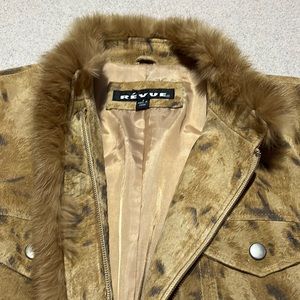 Animal print suede fully lined short jacket. Rabbit trim.
